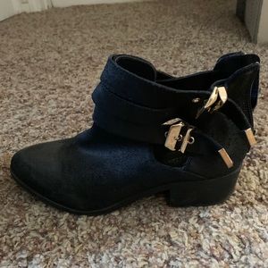 Seychelles Black Strap Booties with Gold Buckles